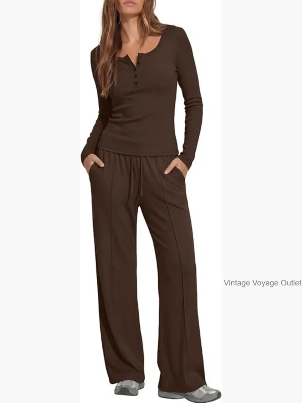 2 Piece Lounge Set Long Sleeve Henley Wide Leg Pants Travel Outfit - Picture 1 of 7
